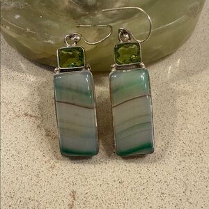 Elegant Peridot facets, banded Agate and Sterling Silver Earrings! Stunning